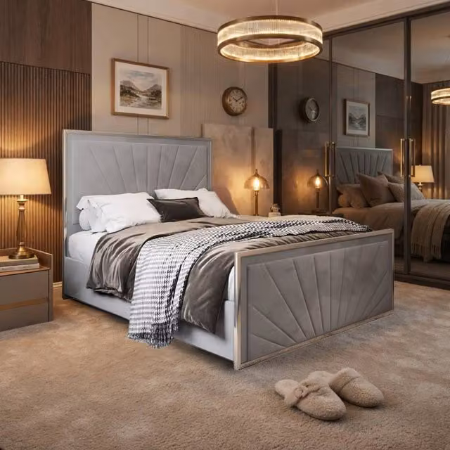 KDMD Waddington Modern Upholstered Velvet Bed Frame in Grey with Metal Details, W/D/H: 140 x 200 x 137 cm