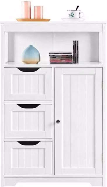 KORVIXA White Freestanding Bathroom Floor Cabinet with Hinged Doors and Internal Shelves, W: 90 cm, H: 65 cm