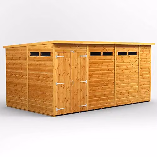 Powersheds Premium Pent Security Wooden Shed in Brown with Double Doors and Toughened Glass, W: 430.58 cm, D: 240.4 cm, H: 260.4 cm