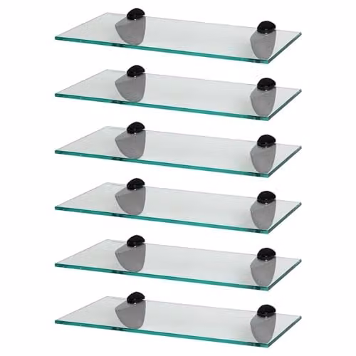Harbour Housewares Set of 6 Floating Glass Bathroom Shelves in Black and Transparent, W: 40 cm, D: 13 cm, H: 0.5 cm