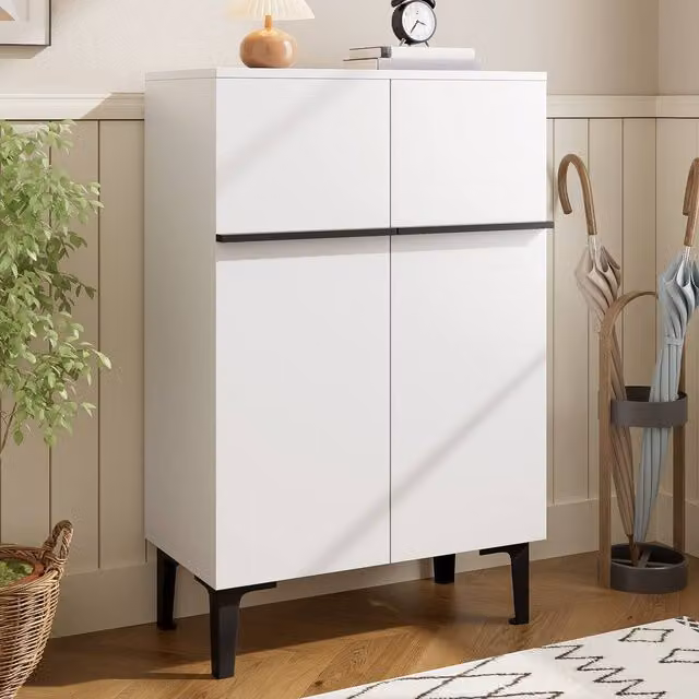Merax Minimalist White Entryway Shoe Cabinet with Hinged Doors and Internal Shelves W/D/H: 60 x 34.5 x 95 cm – 1