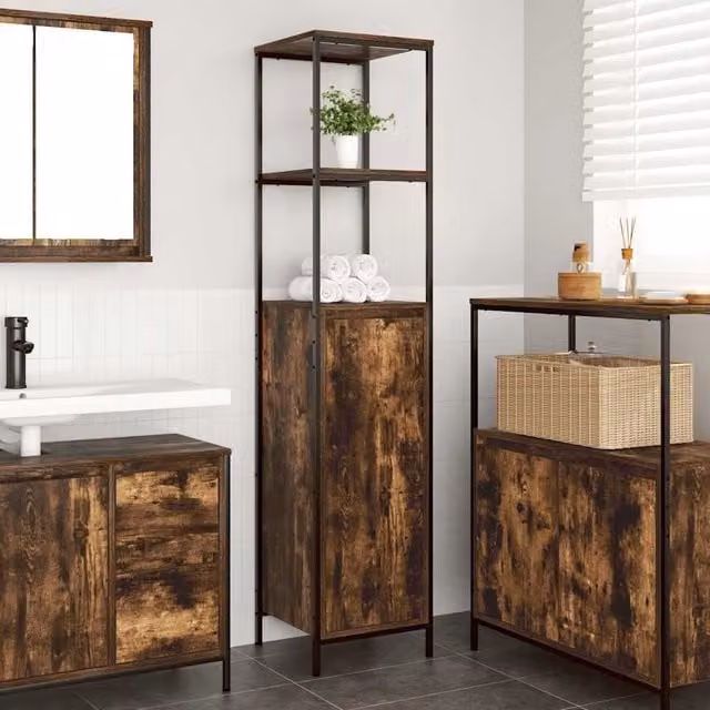 Berkfield Home Smoked Oak Bathroom Cabinet in Brown with Shelves and Hinged Doors, W/D/H: 36 x 35 x 165 cm