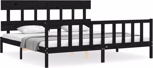 Berkfield Home Solid Wood Bed Frame with Headboard in Black, 200 x 200 cm