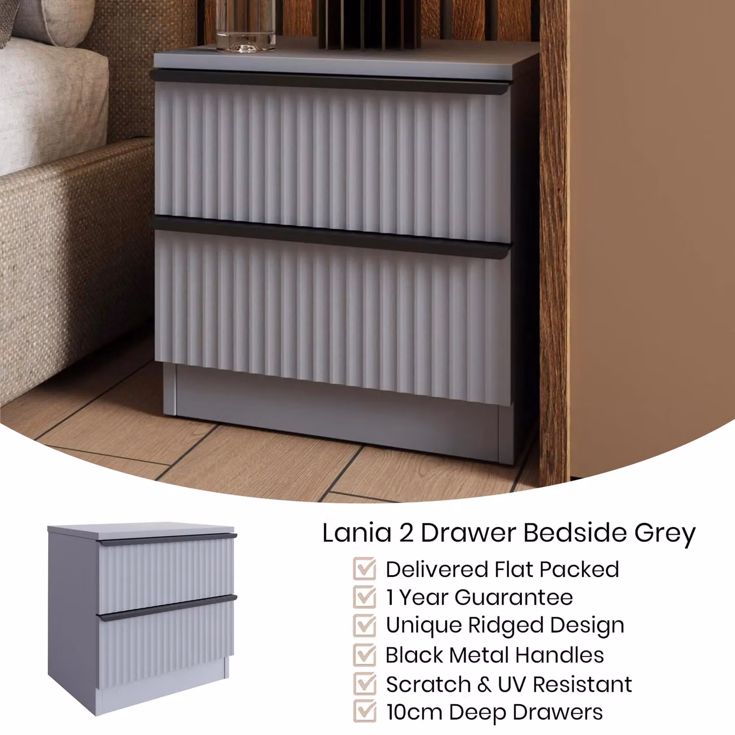 FWStyle Matt Grey 2 Drawer Bedside Cabinet with Abstract Design and Black Metal Handles, H46 x W45 x D40 cm – 4