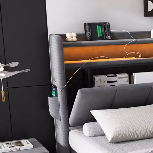 Matteo Grey Velvet Upholstered Single Bed with Under-Bed LED Lighting and USB Charging Ports, W/D/H: 190 x 90 x 107 cm – 6