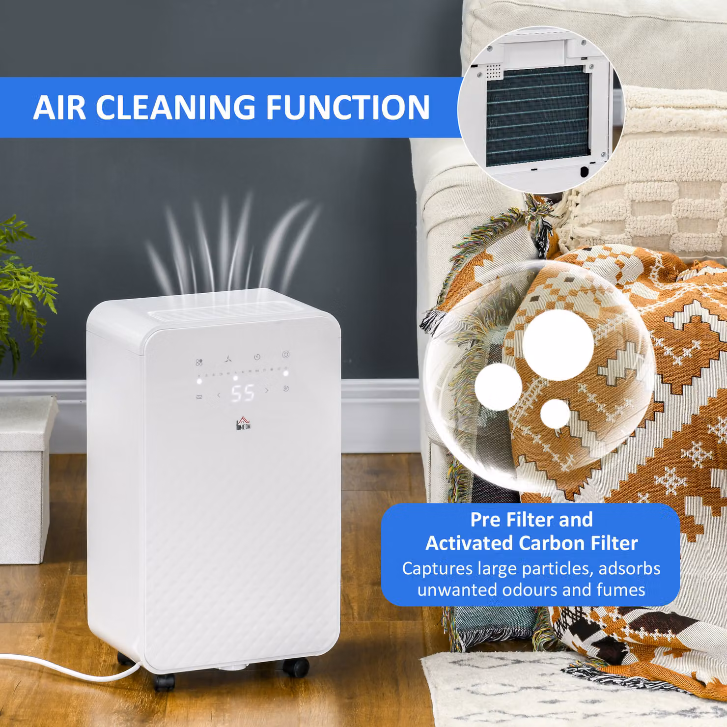 HOMCOM 10L per Day Quiet Low-Energy Dehumidifier and Air Filter with 24H Timer and Sleep Mode, White – 2