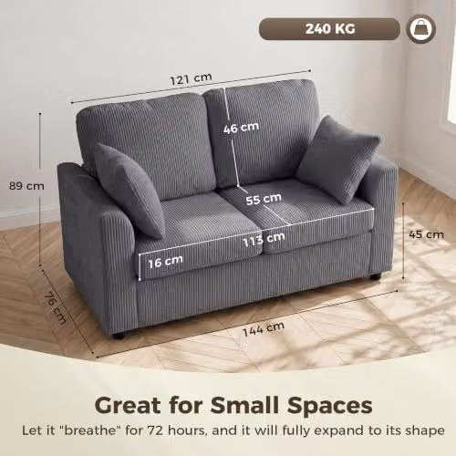 HOMCOM 2 Seater Corduroy Sofa in Grey, W: 144 cm, H: 76 cm, D: 89 cm – 3