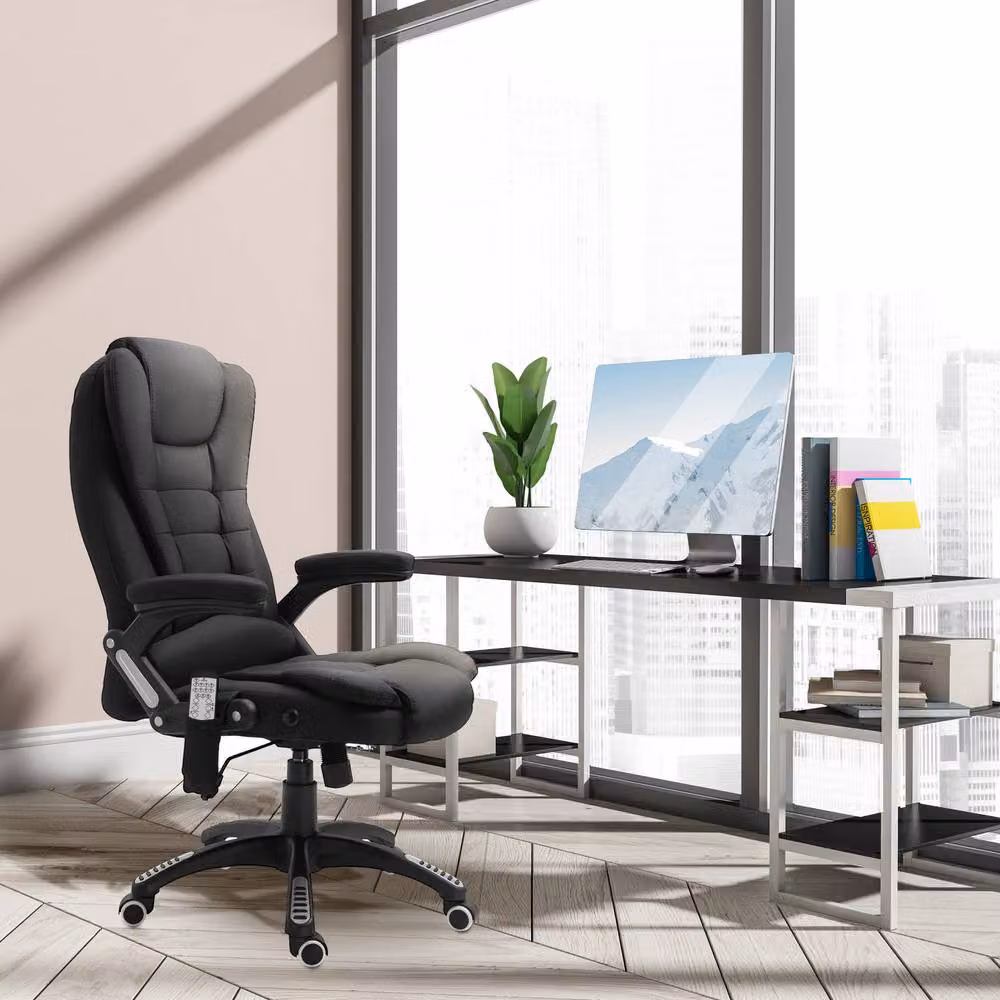 Rolipo Heated 6-Point Massage Reclining Office Chair in Black with Linen-Feel Fabric – 4