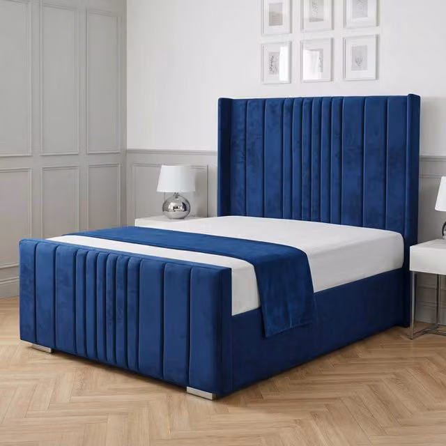 Living Comfort Bedz Cambridge Wingback Ottoman Gas Lift Storage Bed in Blue Velvet, W/D/H: 120 x 200 cm