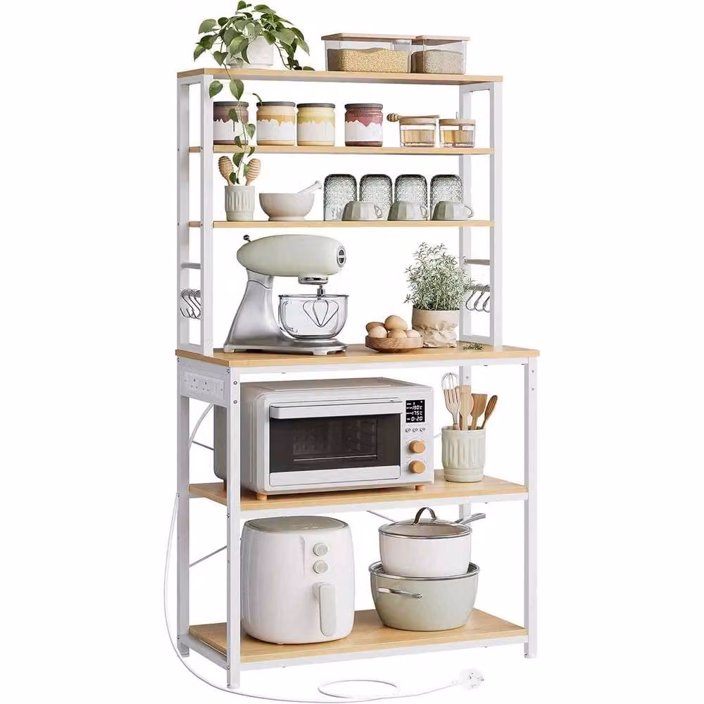 The Bazaarist Coffee Bar Cabinet with Power Outlet and 6 Hooks, Oak and White – 2