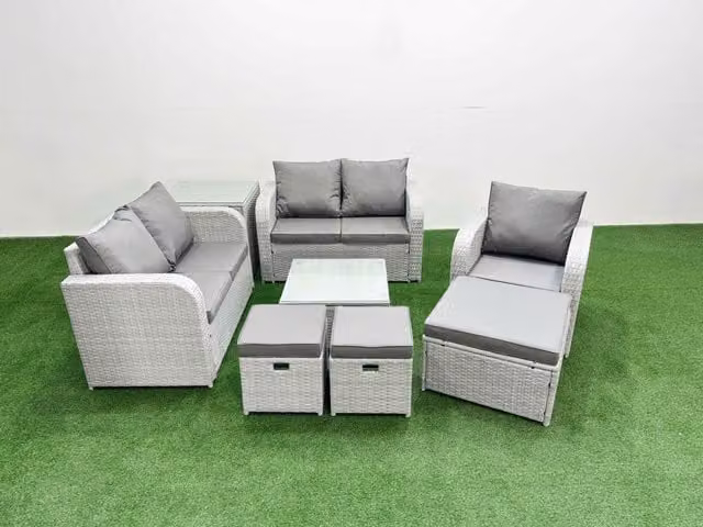 Fimous Grey Poly Rattan Garden Furniture Set with High Back Reclining Chair, Loveseat Sofa, Square Coffee Table, 3 Stools and Side Table