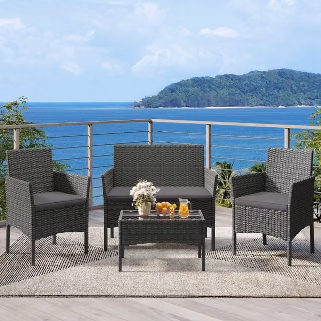 Yaheetech 4-piece Modern Rattan Patio Furniture Set in Grey with Metal and Glass Details