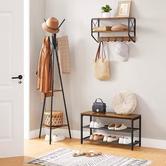 The Bazaarist Industrial Shoe Storage Bench with Seating Cushion and Mesh Shelving in Rustic Brown and Black