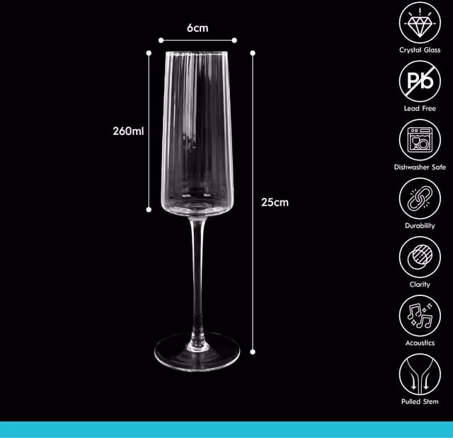 Argon Tableware Lead-Free Crystal Champagne Flutes, Clear, 260ml, Pack of 24