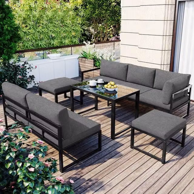 HomeTouch 5-Piece Outdoor Sofa Set with Adjustable Backrest, Stools and Coffee Table in Grey