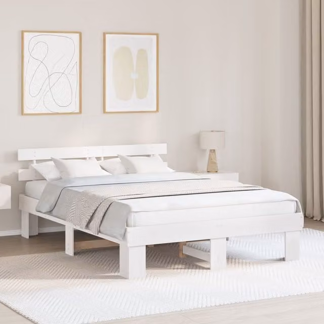 Berkfield Home White Lacquered Solid Pine Bed Frame with Headboard W: 140 cm, D: 200 cm, H: 73 cm