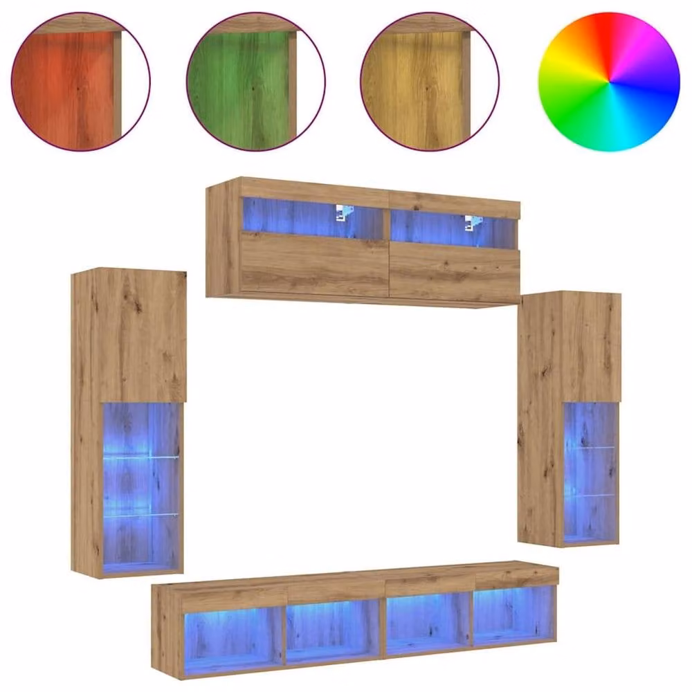 Berkfield Home Set of 2 Artisan Oak TV Wall Cabinets with LED Lighting, Brown, W/D/H: 80 x 30 x 30 cm – 2