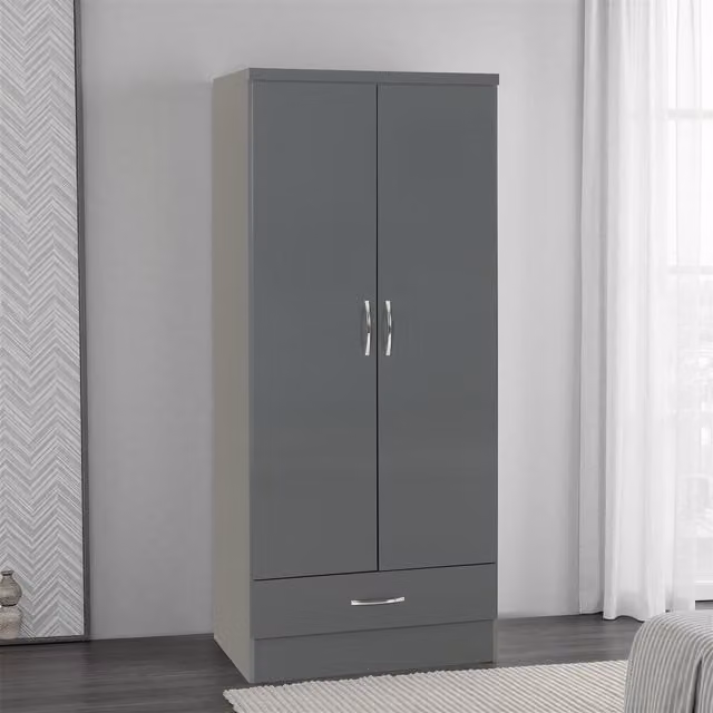 Seconique Nevada 2 Door 1 Drawer Wardrobe in Grey Gloss