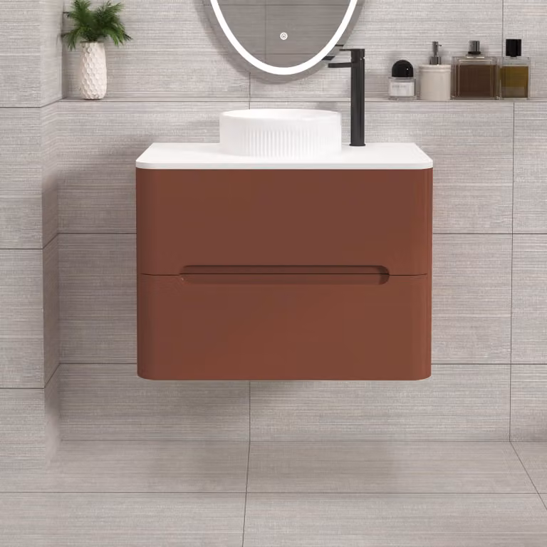 Royal Bathrooms Venice 700mm Wall Hung Vanity Unit in Terracotta Clay with 2 Drawers, Plain White Worktop and Round Basin