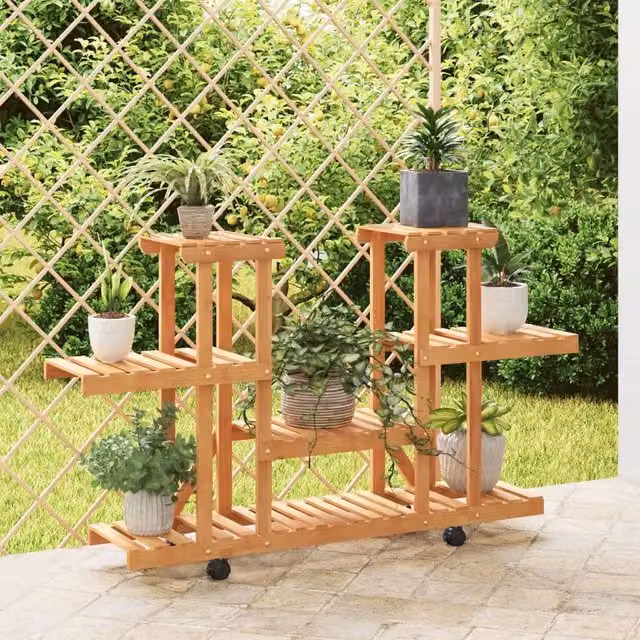 Berkfield Home Retro Flower Stand with Wheels in Brown Solid Wood, W/D/H: 110 x 25 x 78 cm