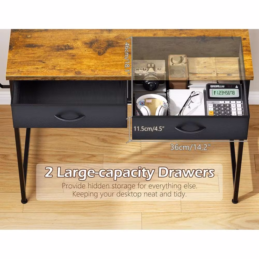 FORGEVIO Brown Computer Desk with 2 Storage Drawers and Adjustable Monitor Stand – 4