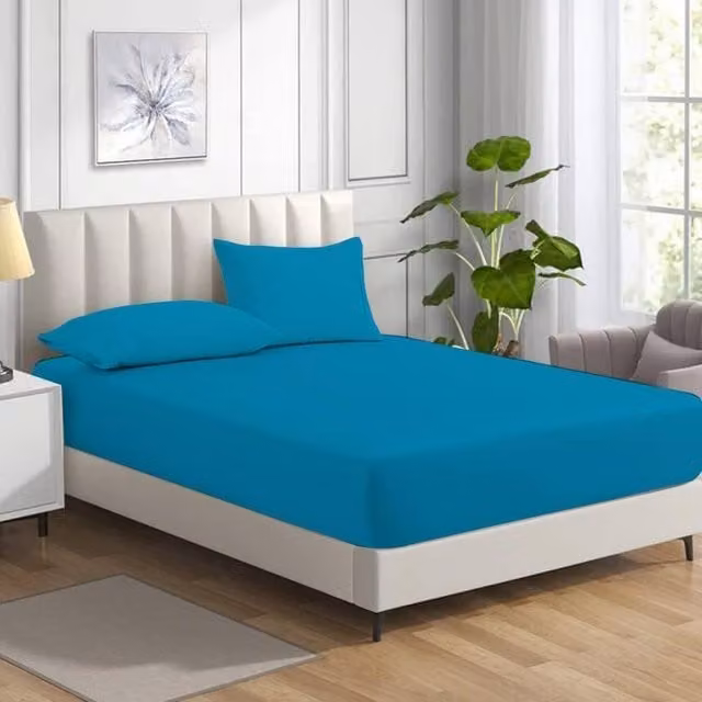 Homes-Linen Non Iron Polycotton Percale Fitted Sheet in Petrol, Size: Double (140 x 200 cm, Depth: 25 cm)