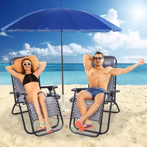 Alivio Set of 2 Grey Zero Gravity Sunloungers with Adjustable Headrest, Cup Holders and Armrests – 5