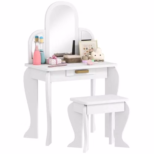 HOMCOM Kids Dressing Table and Stool with Mirror and Drawer, White, W/D/H: 85 x 32 x 32 cm – 1