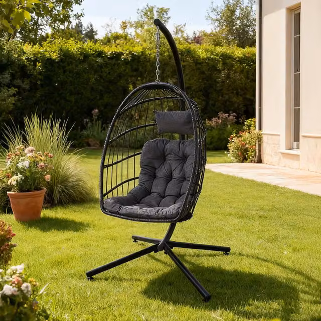 Breeins Egg Shaped Hanging Chair with Cushion and Headrest in Dark Grey
