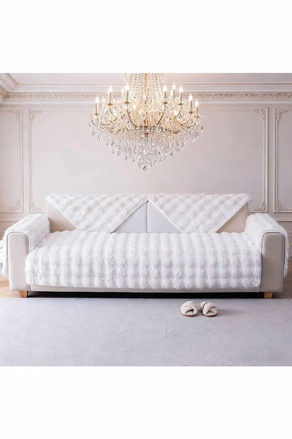 Living and Home Sleek Textured Plush Faux Fur Sofa Cover in White, W/D/H: 70 x 70 x 70 cm – 2
