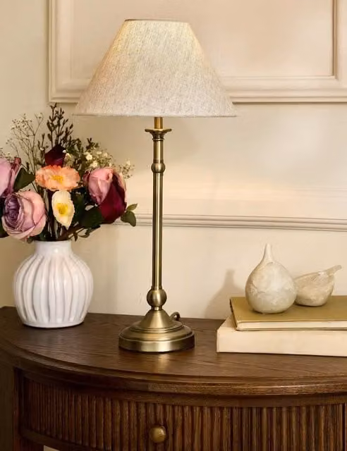 Laura Ashley Ludchurch Metal Table Lamp in Antique Brass with Beige Fabric Shade