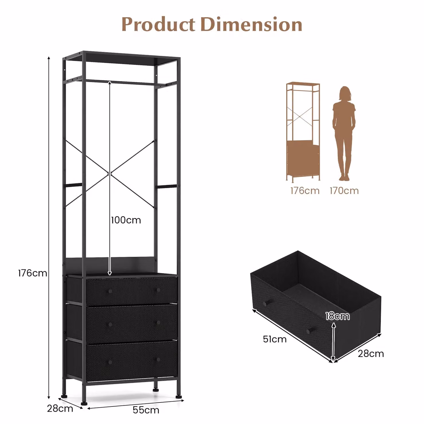 Gymax Freestanding Clothes Rack Closet Organiser with Drawers in Matt Black – 2