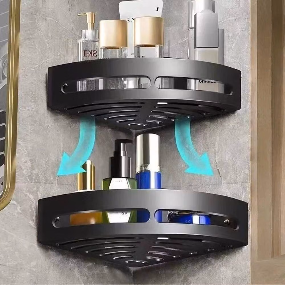 Ventryn 2 Pack Black Metal Corner Shower Caddy Wall Mounted Storage Racks with Hooks – 3