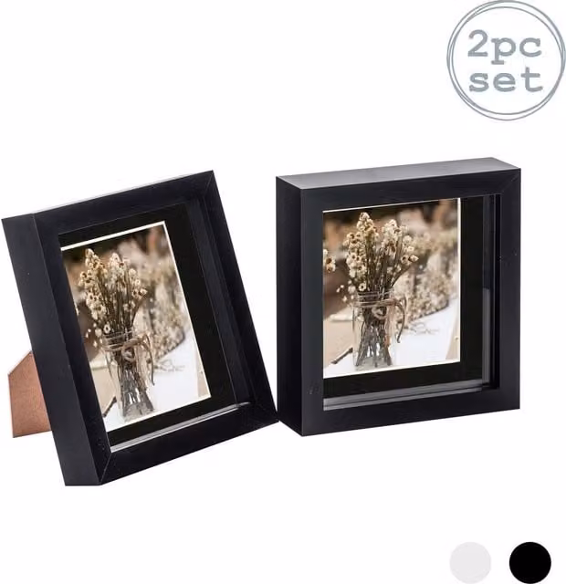 Nicola Spring Pack of 2 Black 3D Box Photo Frames with 4x4 inch Mount, W/D/H: 15.24 x 15.24 x 15.24 cm