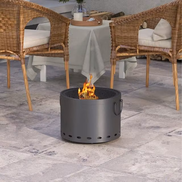 Outsunny Round Metal Smokeless Fire Pit Fire Bowl, Dark Grey