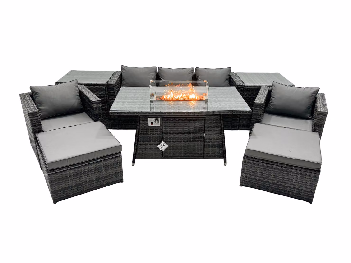 Fimous 7 Seater Rattan Garden Furniture Firepit Dining Set with Lounge Sofa, Table, 2 Side Tables and 2 Footstools in Dark Grey – 2