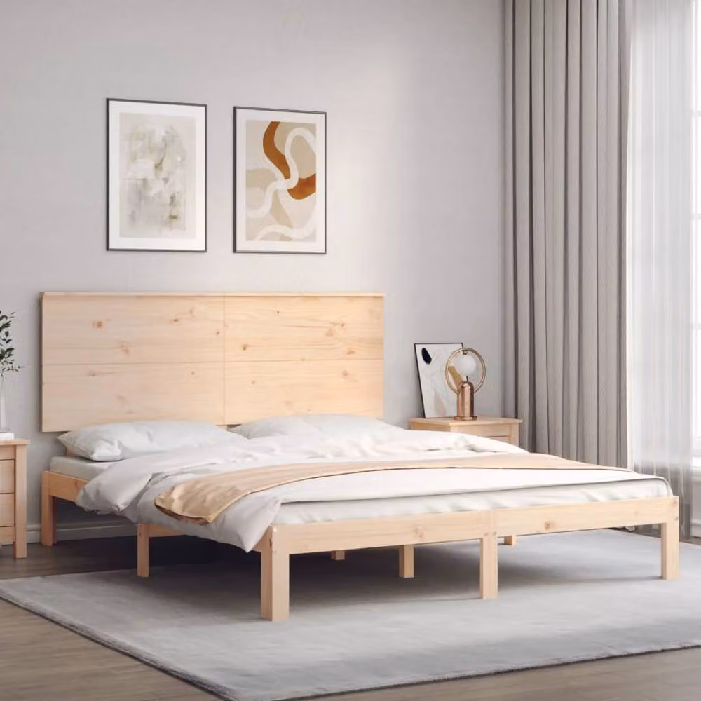 Berkfield Home King Size Solid Pine Wood Bed Frame with Headboard in Natural Sand – 2