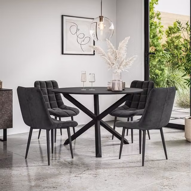 More4Homes Malvern Round Black Dining Table Set with 4 Nova Velvet Chairs and Black Oak Legs, Diameter: 120 cm, Height: 75 cm