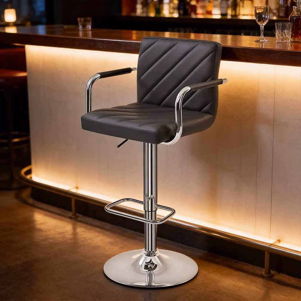 FORGEVIO Set of 2 Adjustable Swivel Bar Stools in Black PU Leather with Backrest – 5