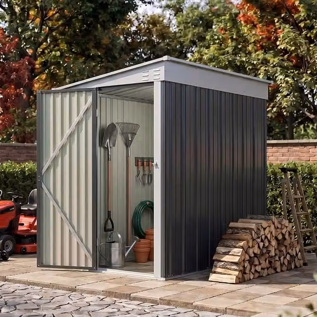 NESTLUNE Grey Galvanised Steel Lean-to Garden Shed Outdoor Storage – 1