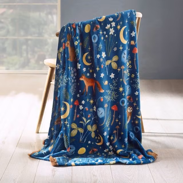 Catherine Lansfield Enchanted Twilight Navy Blue Floral Fleece Throw W: 130 cm, L: 170 cm