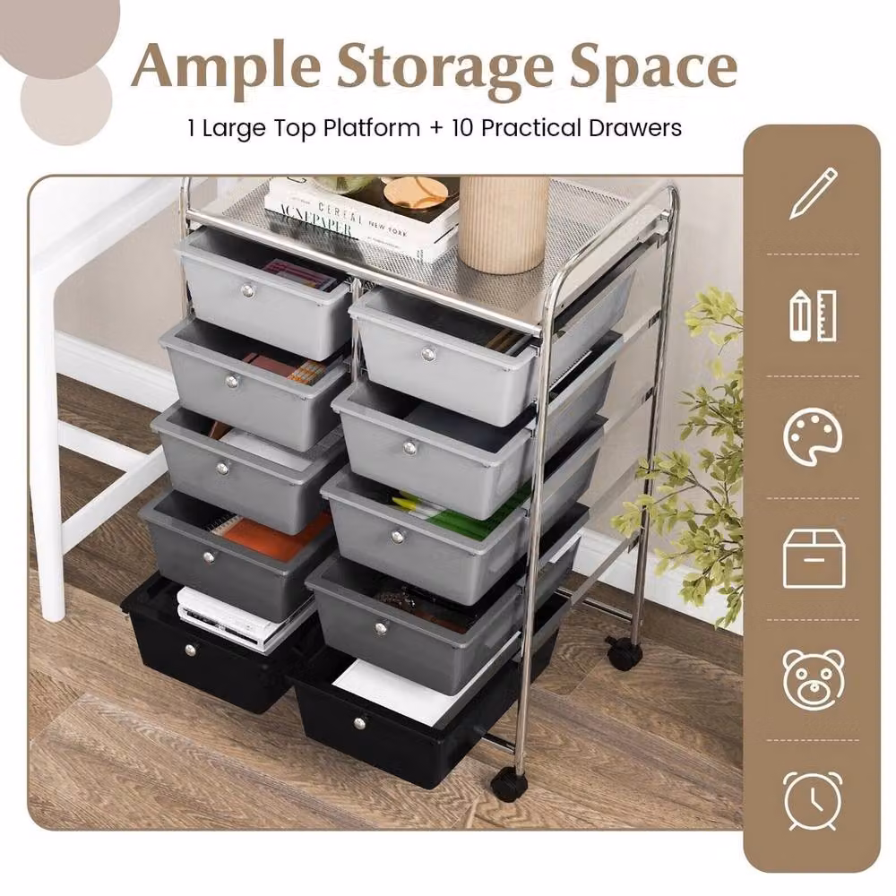 VOGREX 10-Drawer Mobile Rolling Storage Utility Cart Organiser in Grey – 4