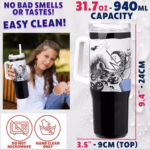 Disney Nightmare Before Christmas Insulated Stainless Steel Tumbler with Straw, Black and White, 940 ml – 6