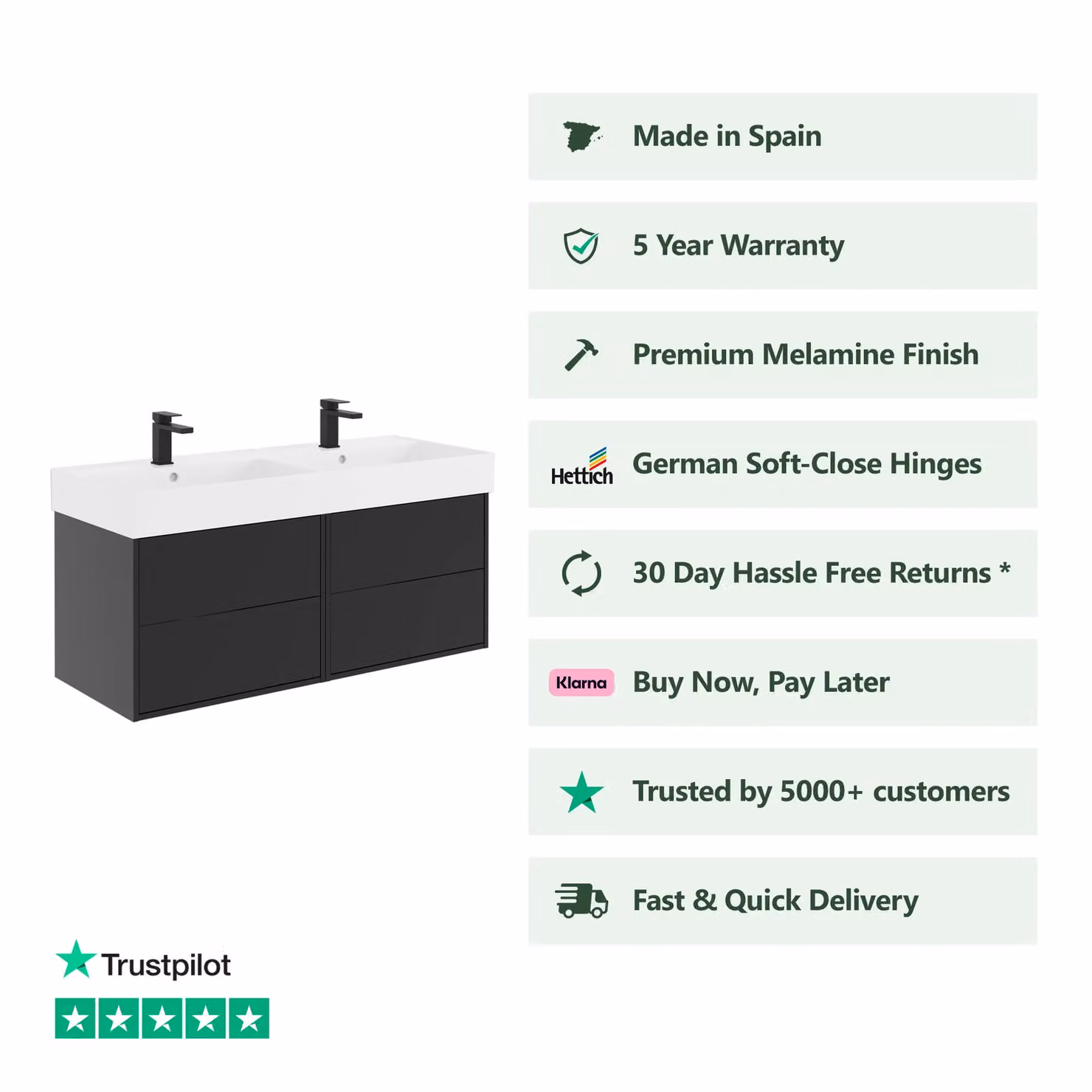 Banyetti Venti 1200mm Wall Hung Vanity Unit with Veneto 2 Tap Hole Basin, Matt Black, W/D/H: 120 x 45 x 48 cm – 2