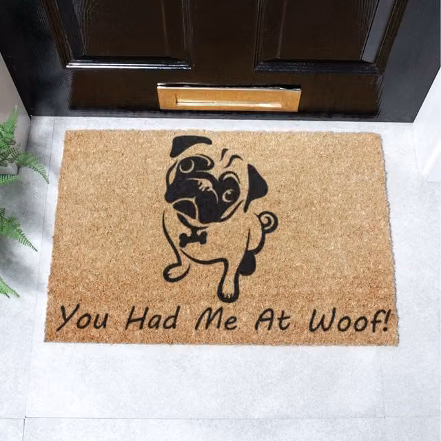 Artsy Mats You Had Me At Woof Pug Doormat, Brown, Coir and Natural Rubber, Non-Slip and Weatherproof