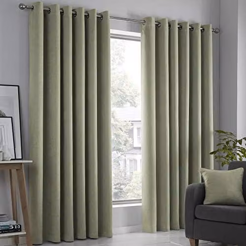 Fusion Strata Thermal Eyelet Curtains in Green, 2 Panels, W: 168 cm, H: 183 cm – 1