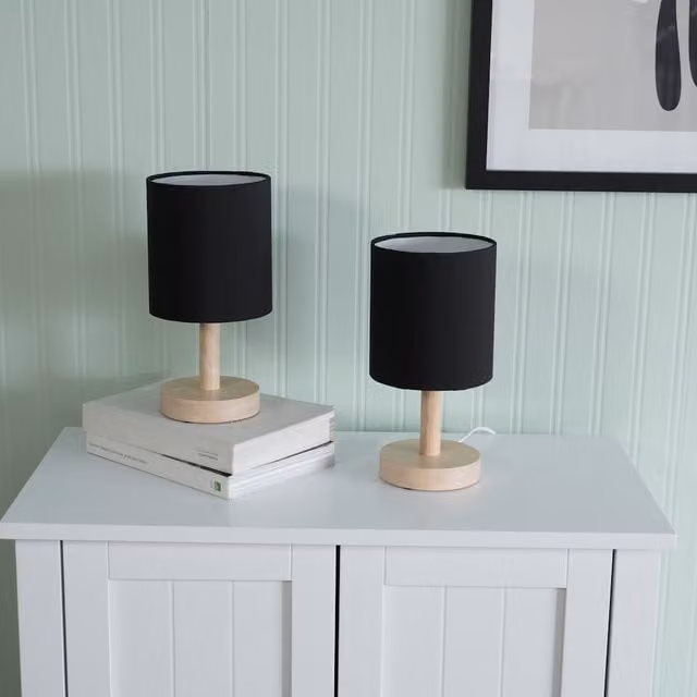 ValueLights Set of 2 Nelly Wood Table Lamps with Fabric Shades and Bulbs, Black and Wood