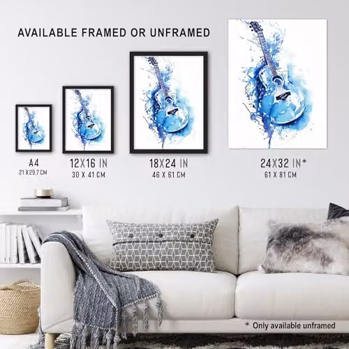 Artery8 Abstract Music Guitar Blue Watercolour Splat Wall Art Poster Print on Thick Paper, 18 x 24 Inch – 3