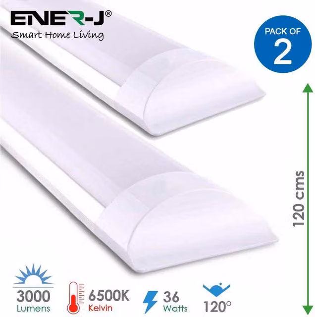 Pack of 2 EnerJ Smart 36W LED Prismatic Batten Fitting Lights, White, 6500K, Length: 120 cm