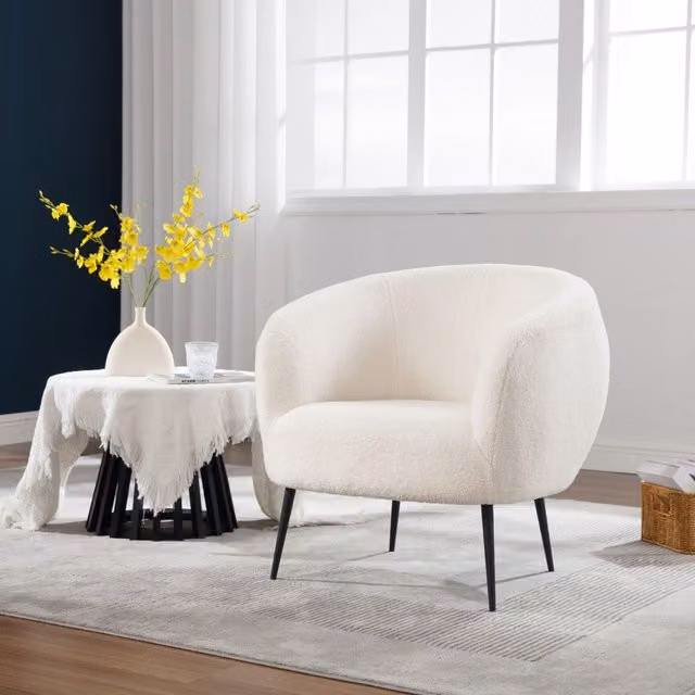 Home Source Modern White Bouclé Tub Accent Chair with Metal Frame